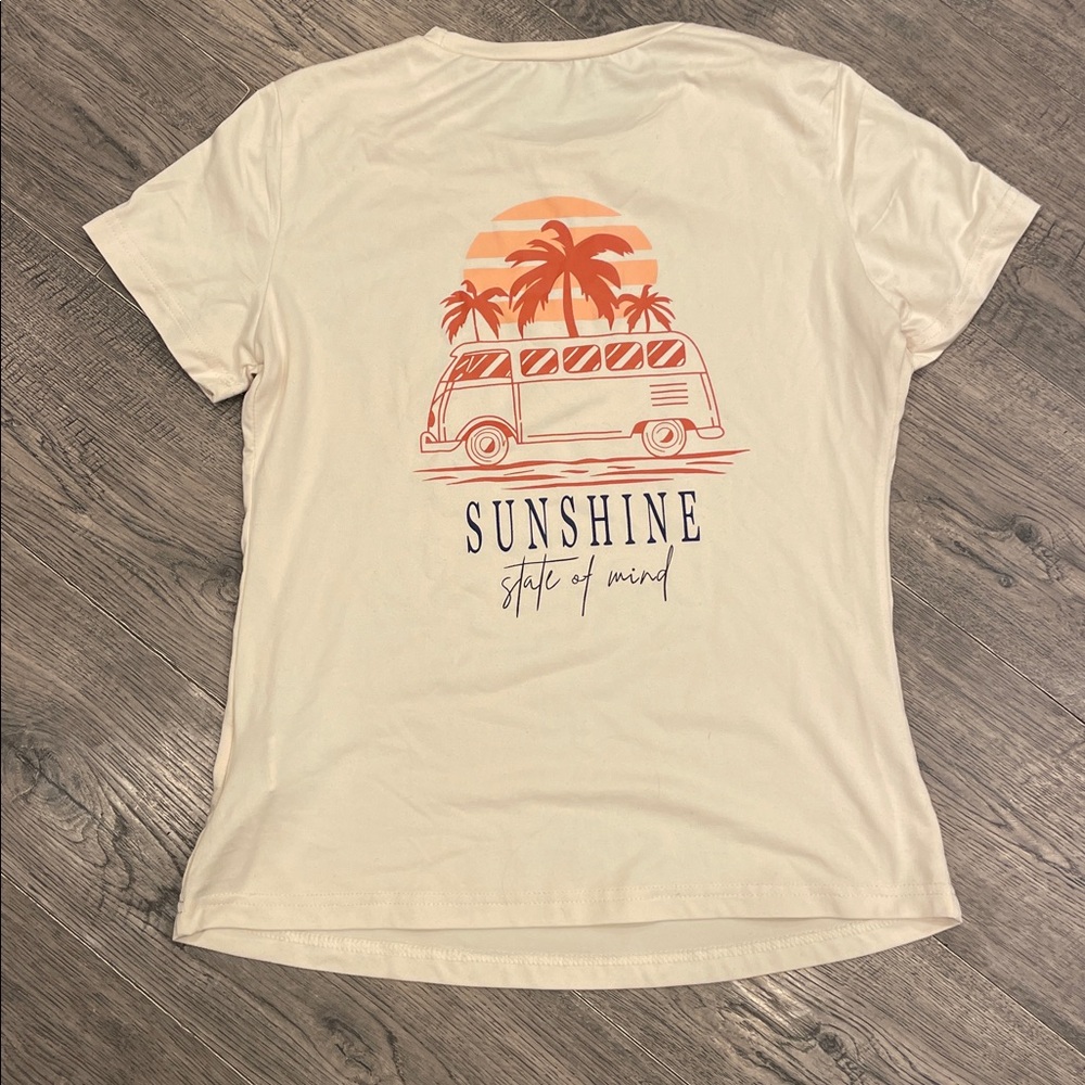 Never worn!! SHEIN Pale Yellow Tee with Orange Palm and VW Bus Design